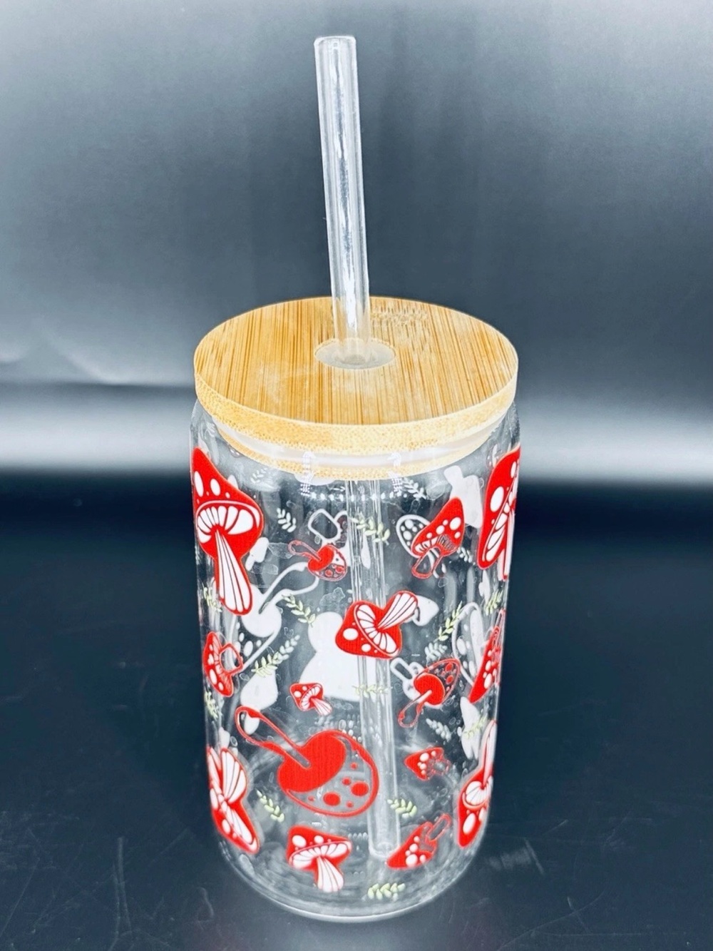 Clear Glass Tumbler with Red Mushroom Print and Bamboo Lid